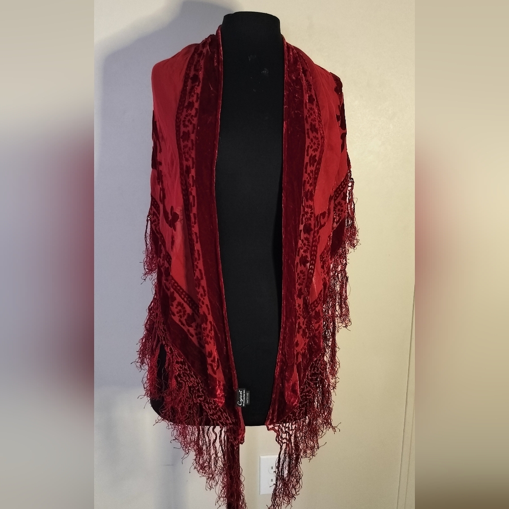 Red Velvet Burnout Fringe Shawl